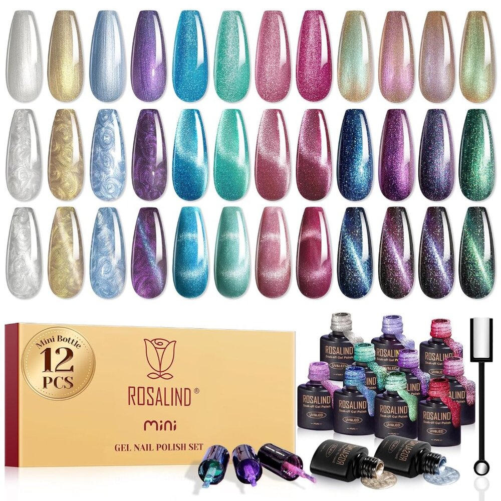 Cat Eye Gel Nail Polish Set With Magnet, 12 Pcs Holographic Glitter Purple Blue